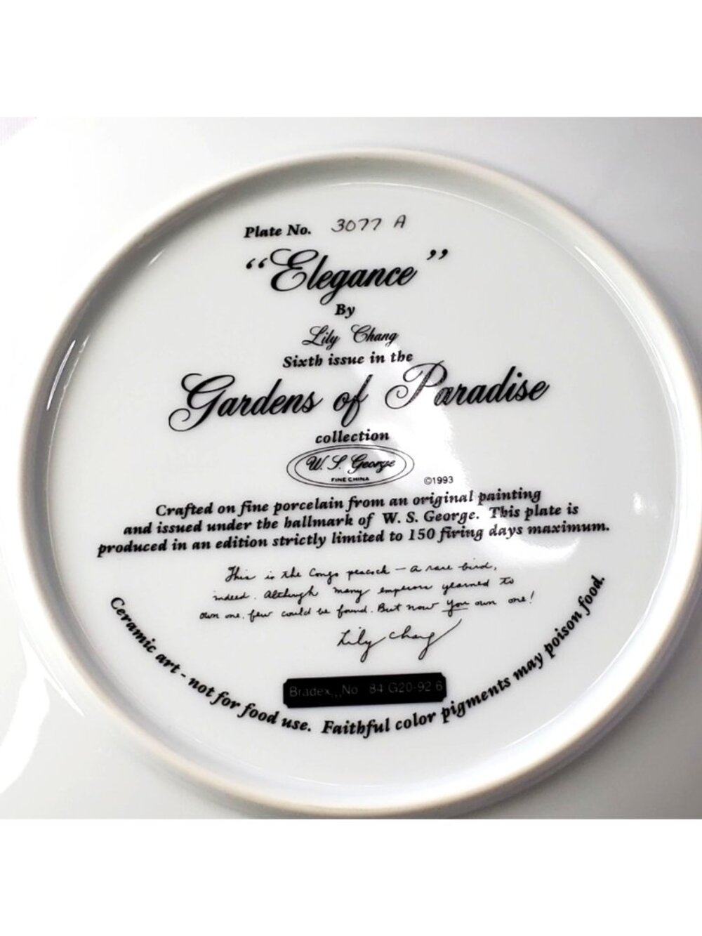 Elegance Peacock Plate By Lily Chang Gardens Of Paradise 1993 COA - Picture 3 of 11